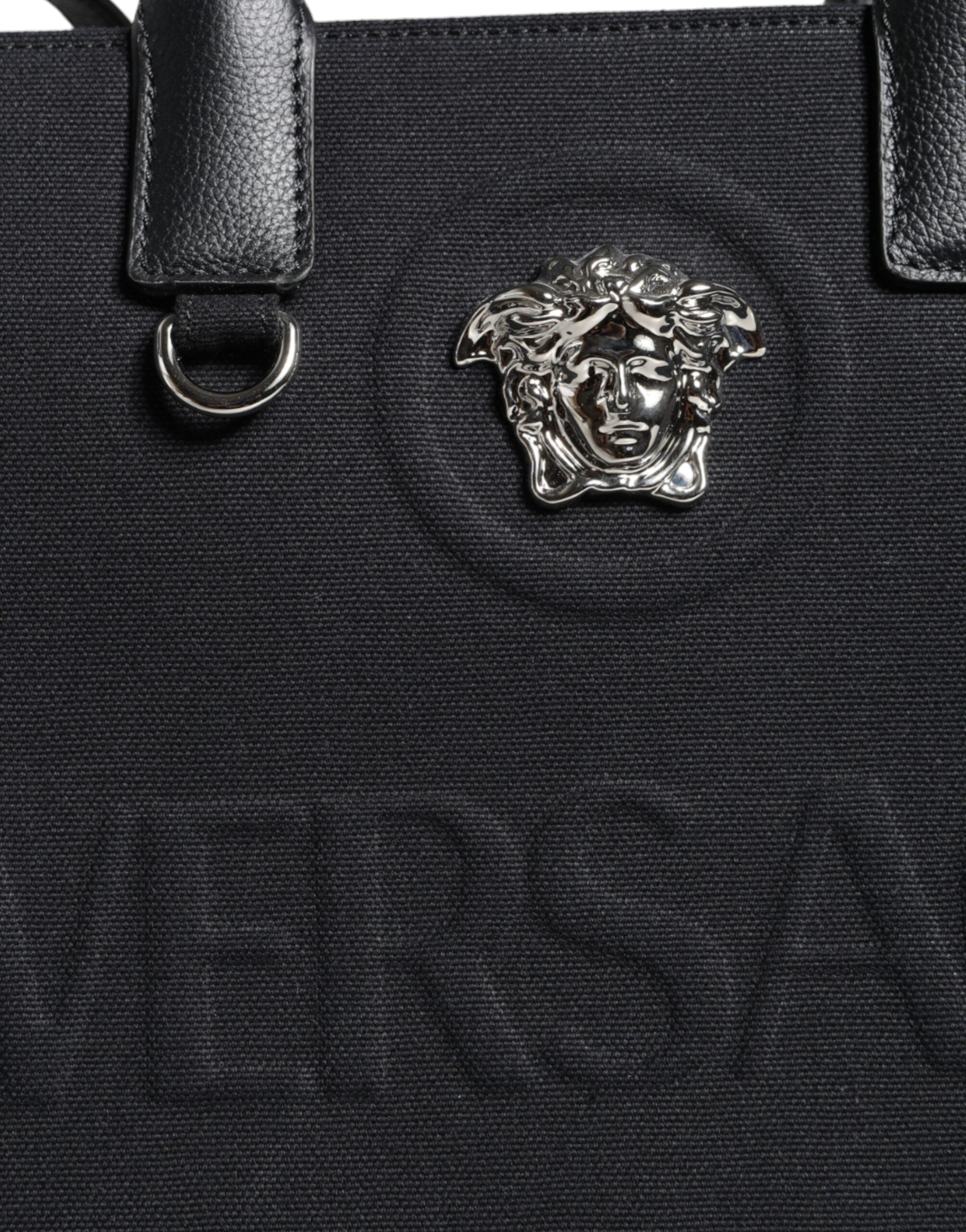 Versace Siyah Üst Saplı Kanvas Deri Logolu Çapraz Askılı Tote Çanta